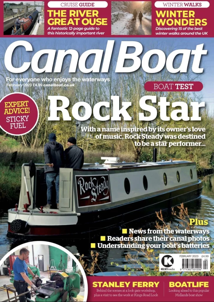 Canal Boat Magazine, February 2023 cover featuring Rock Steady